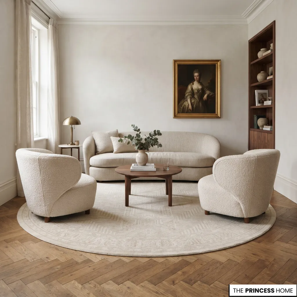 : A round rug beneath a compact living room conversation area with curved seating and a central table.