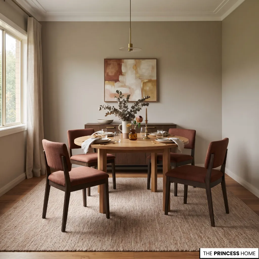 A warm and elegant dining room featuring a round wooden table surrounded by chairs with rust-colored upholstery