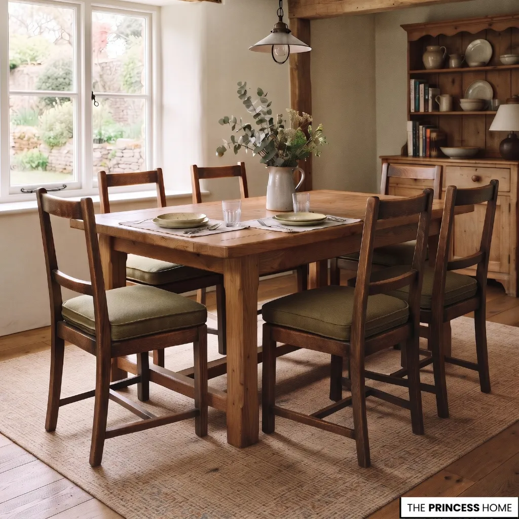 A rustic wooden dining table surrounded by chairs with green cushions, set on a woven rug in a room with a large window and a wooden hutch cabinet in the background.