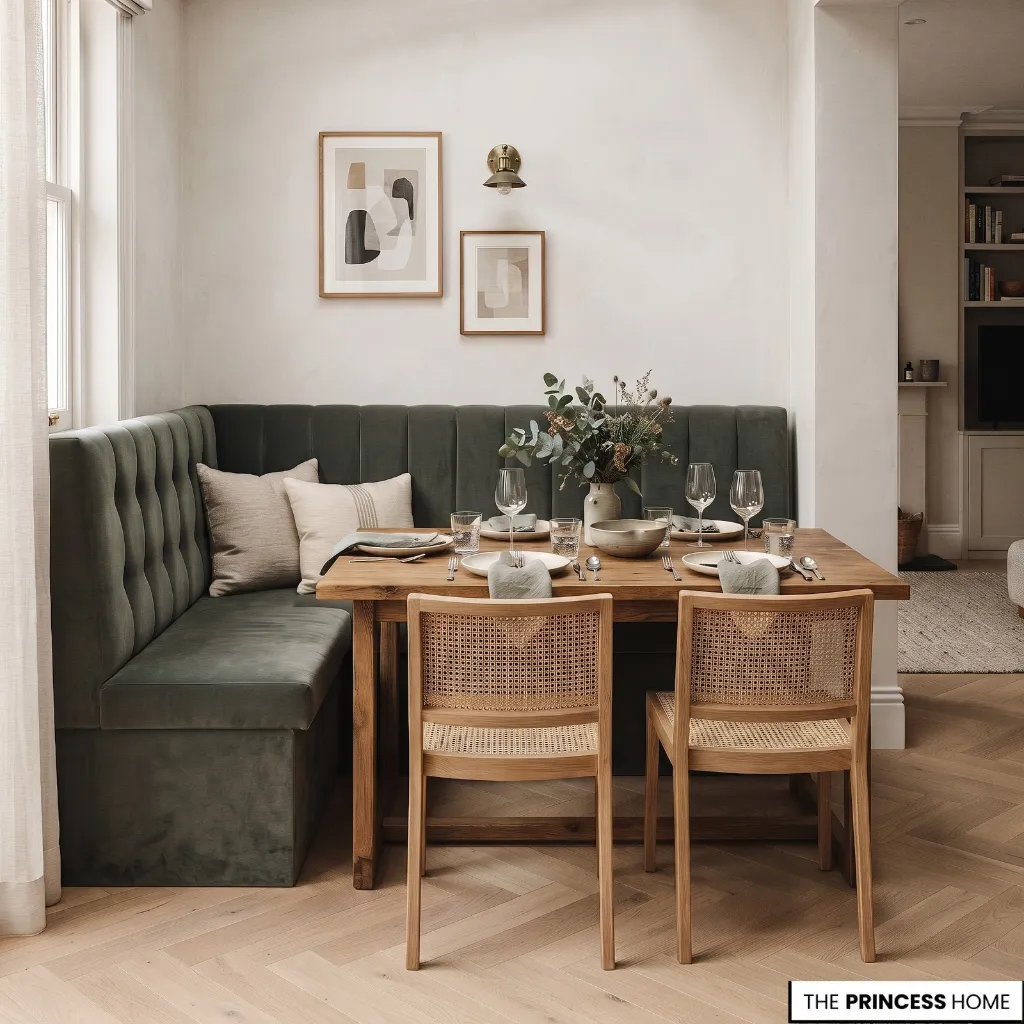 : A compact dining table paired with a wall-side banquette and chairs to make efficient use of the available seating area.