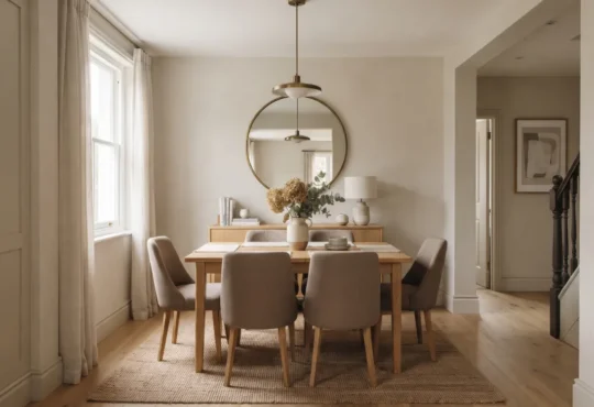 A compact dining room with a carefully sized table, practical seating, wall storage, and a clear walking route.