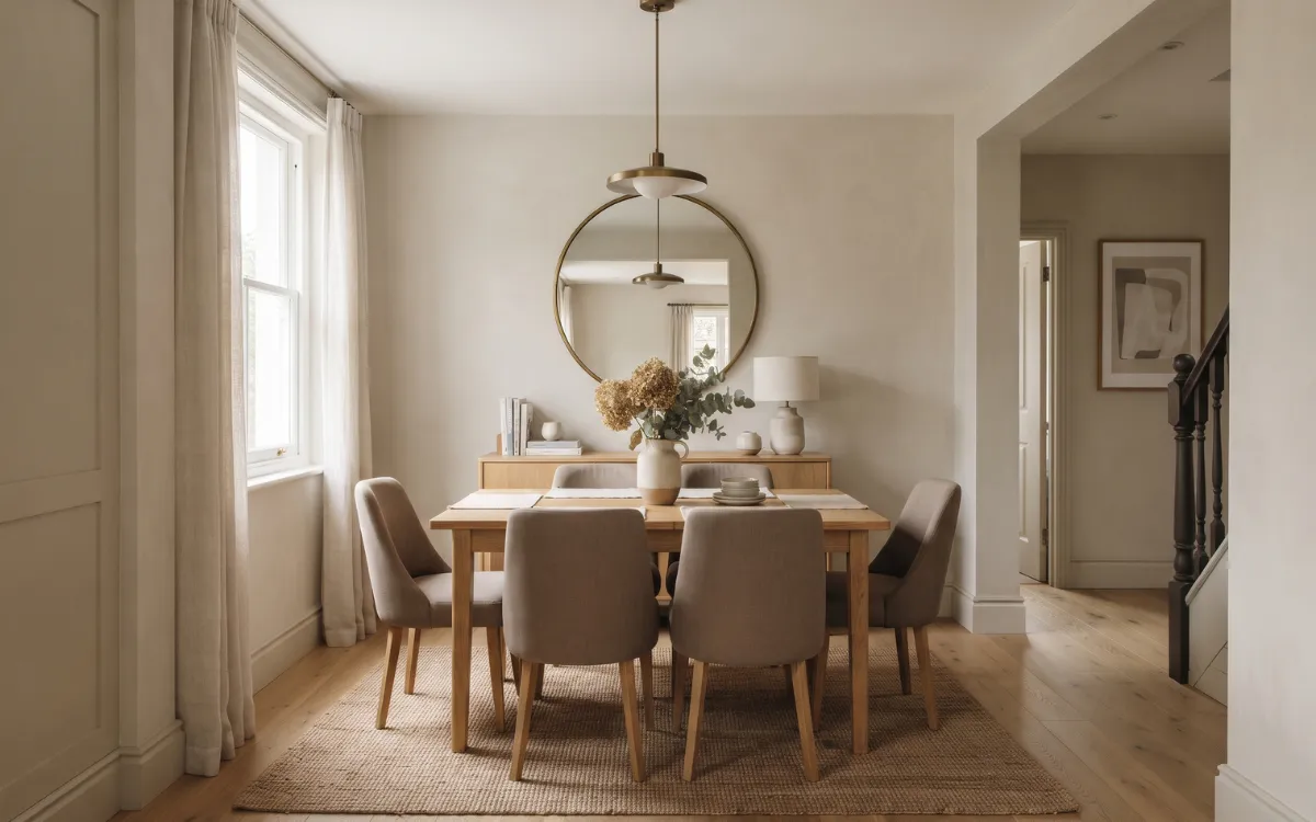 A compact dining room with a carefully sized table, practical seating, wall storage, and a clear walking route.