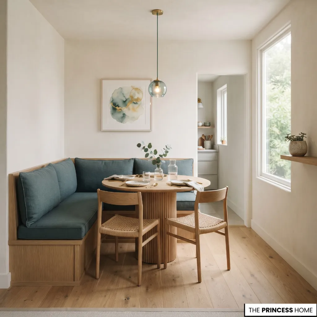 Compact dining room with a round pedestal table, a built-in bench, and limited but usable furniture.