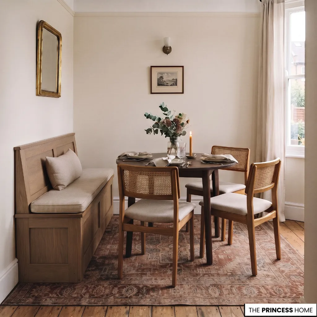 A compact dining table with appropriately scaled seating in a small dining area