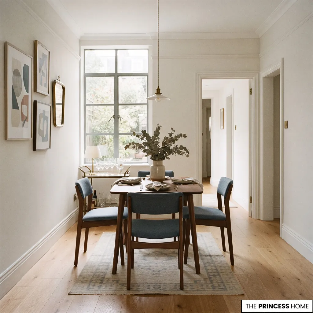 Compact dining table with chairs arranged to preserve usable movement space in a small dining area.