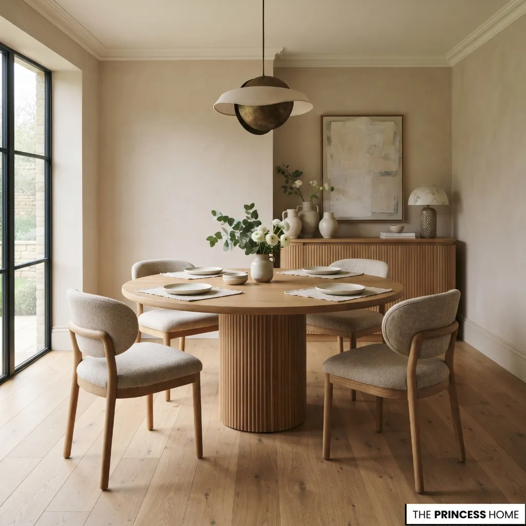 A cozy, warmly lit dining room featuring a round wooden table surrounded by four upholstered chairs, a fluted sideboard against a beige wall, and a large window to the left.