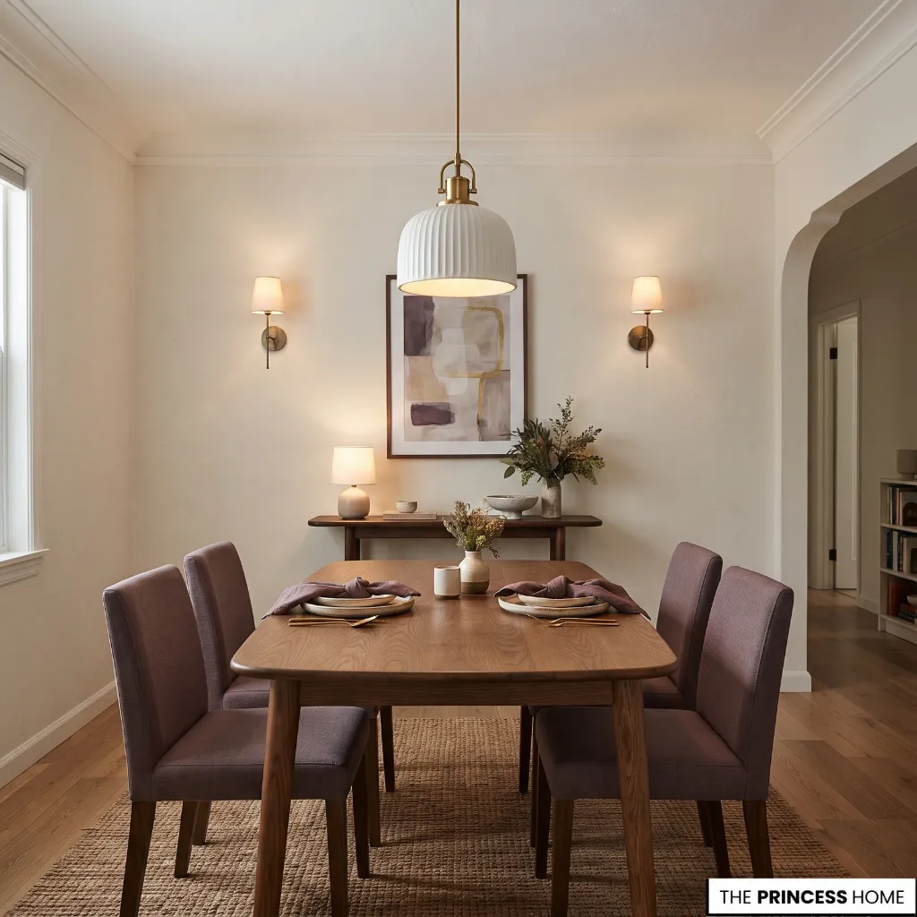 A pendant light illuminates a compact dining table, with supplementary wall lighting providing additional illumination.