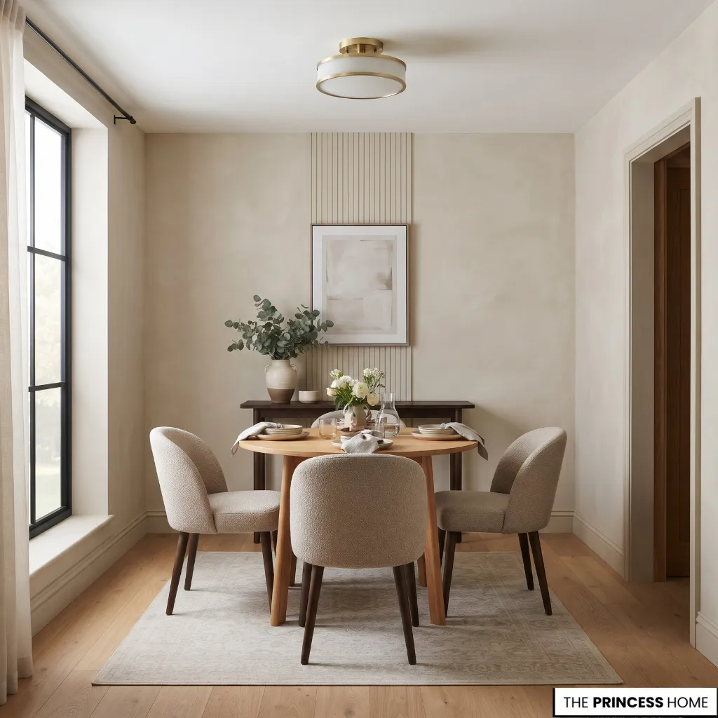 A compact dining table beneath a shallow semi-flush ceiling light in a small dining area.