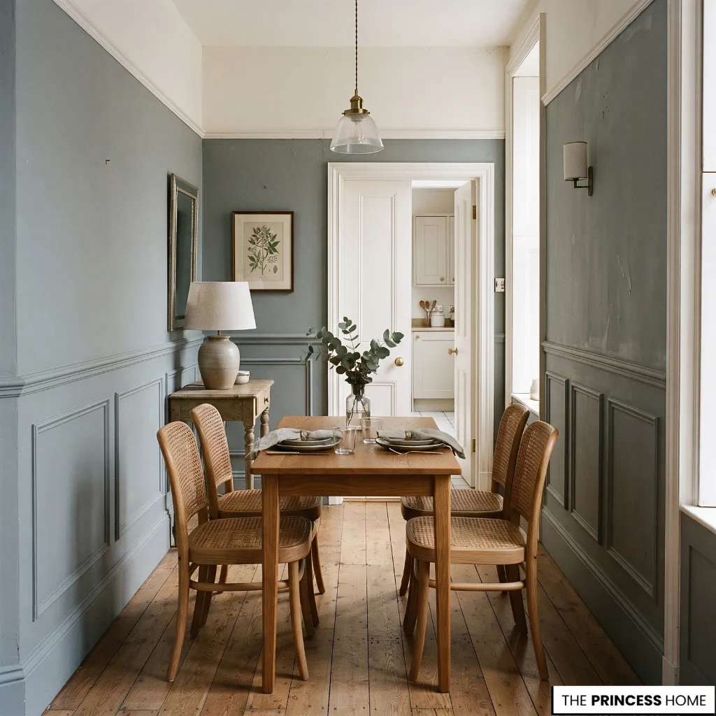 A narrow dining room with a compact table and chairs arranged in relation to the walls and doorway