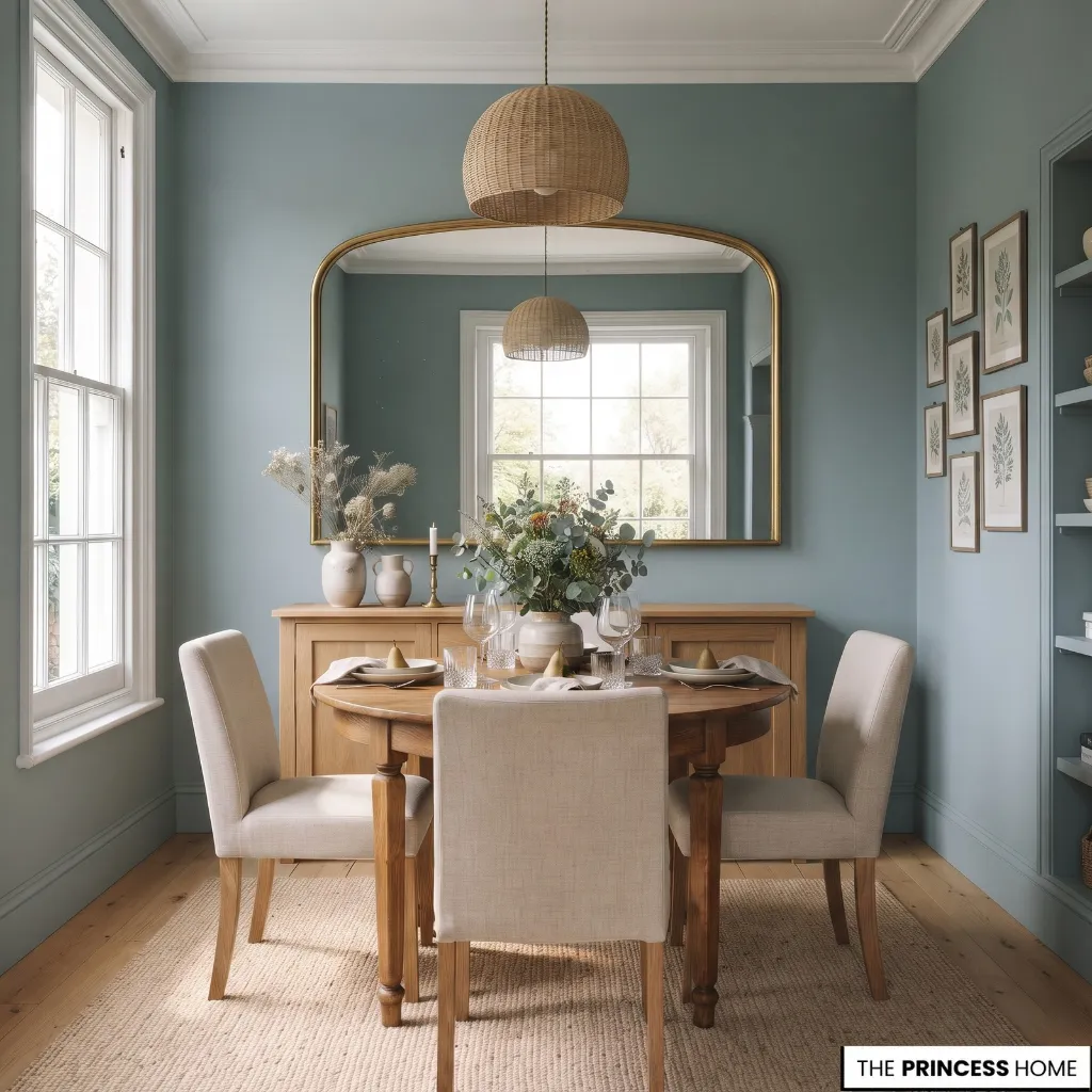 A wall mirror reflects daylight from a window above a compact dining area with muted wall colors