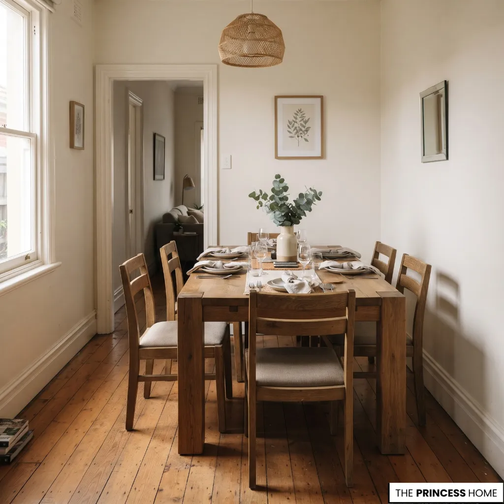 An oversized dining table and pulled-out chairs restrict the available walking route in a small dining room.