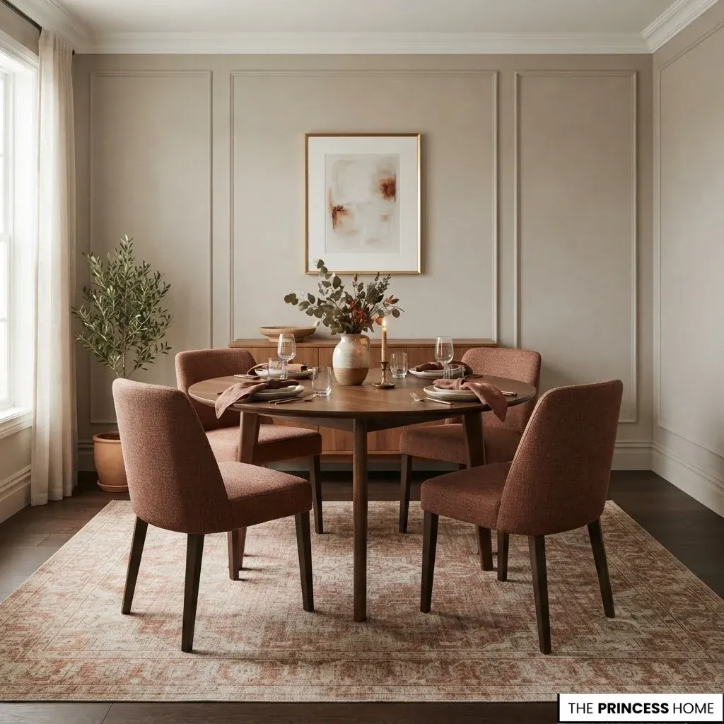 A compact dining table with a low centerpiece, appropriately scaled wall art, and a rug extending beneath the dining chairs.