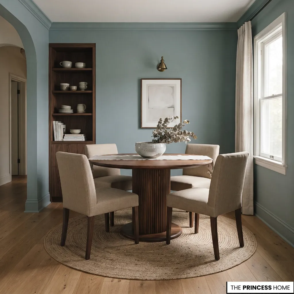 A compact round dining table with a central pedestal base and chairs arranged around it