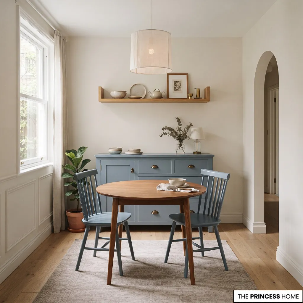 A shallow dining-room cabinet and wall-mounted shelves provide storage beside a compact dining table.