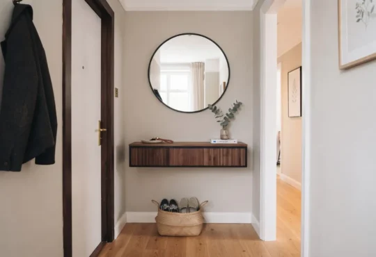 A compact contemporary entryway with a slim console, wall mirror, restrained accessories, and a clear walking path.