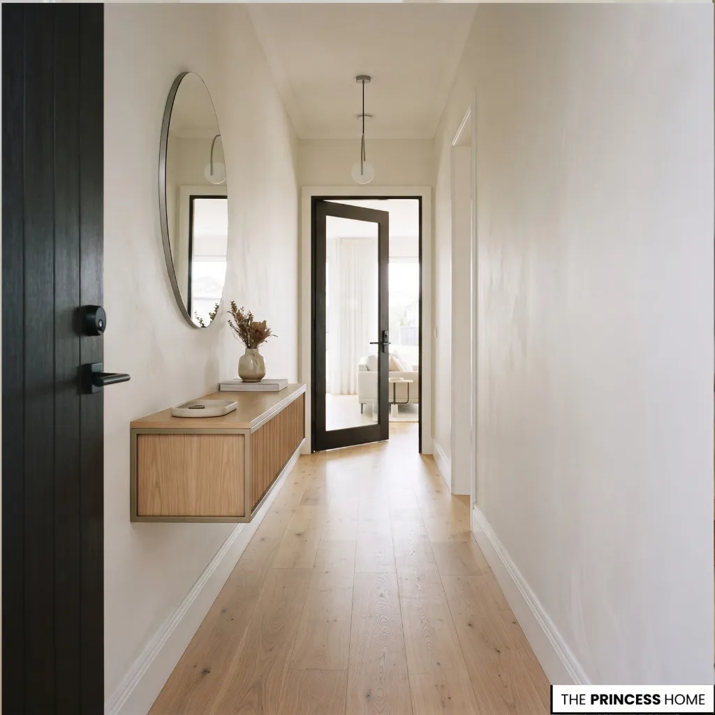 A narrow entry hallway with a shallow cabinet placed along one wall and an unobstructed route to the front door