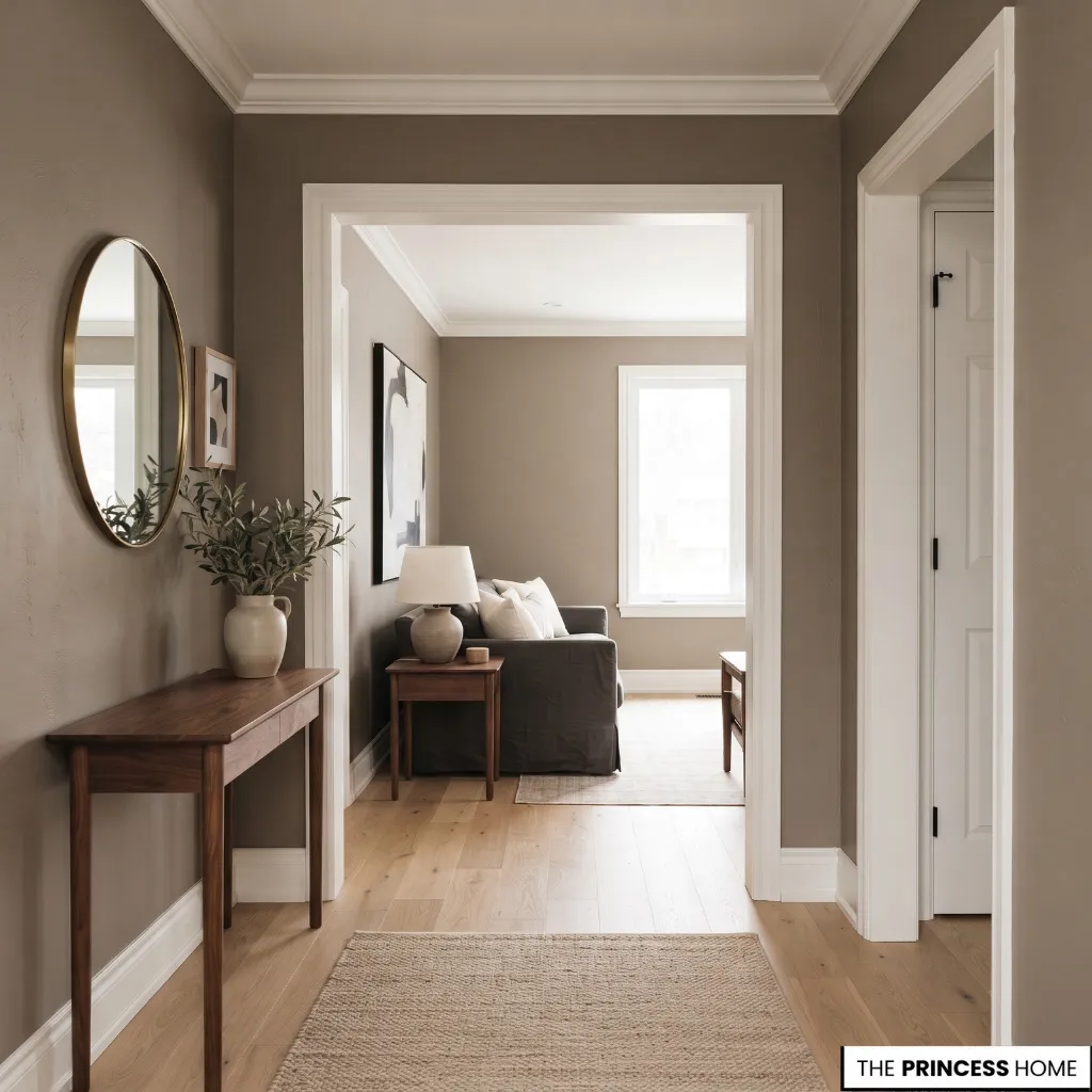 A compact entrance with coordinated wall colors and flooring connecting it visually to an adjoining living room.
