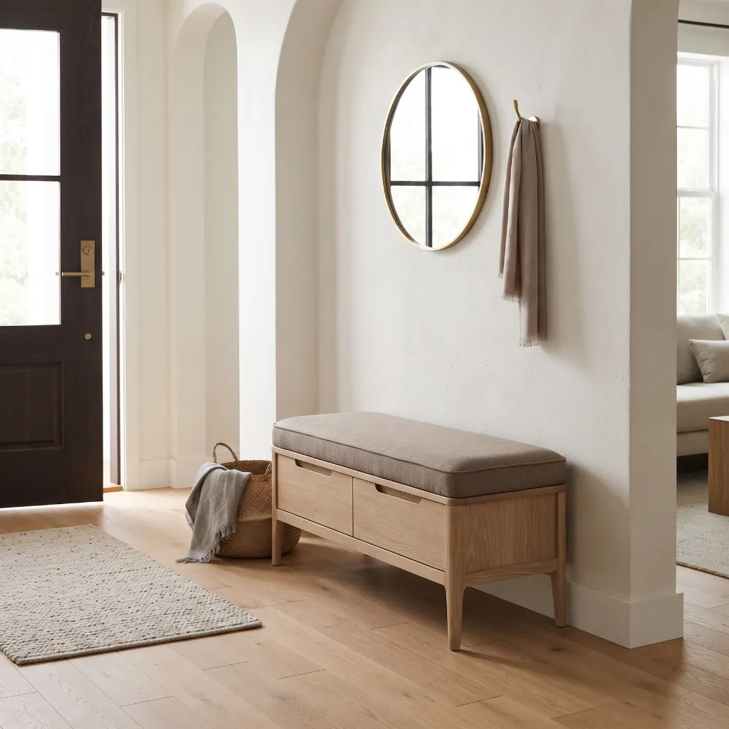 A compact entryway bench with concealed shoe storage positioned against the wall.