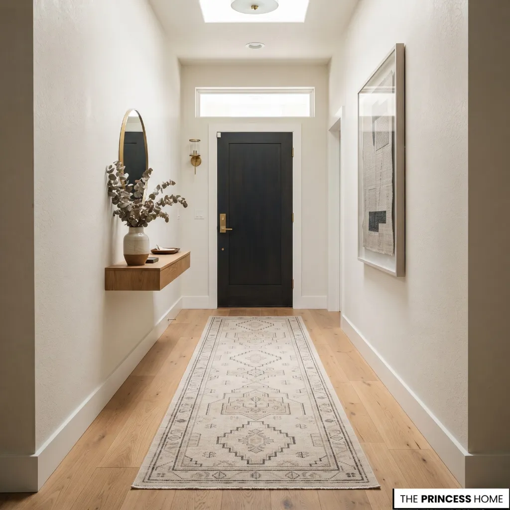 A low-pile runner rug centered in a narrow entry hallway with visible floor edges and door clearance.