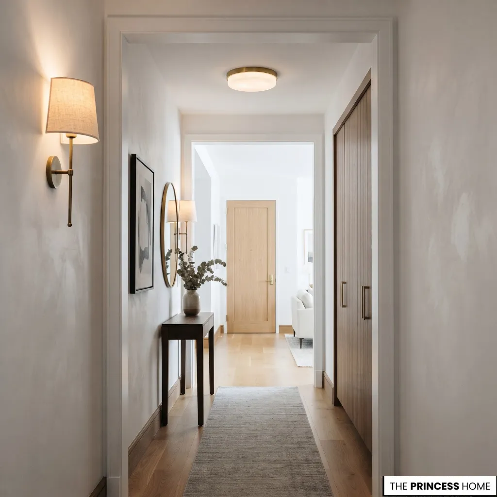 A compact hallway illuminated by a ceiling fixture and wall sconces.