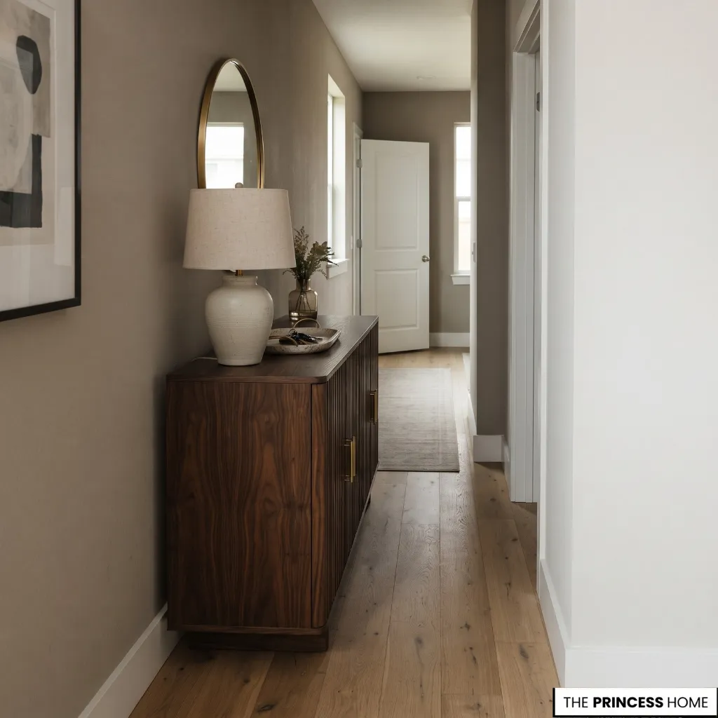 A deep decorative console occupies too much of a narrow entry hallway and reduces the usable walking space.