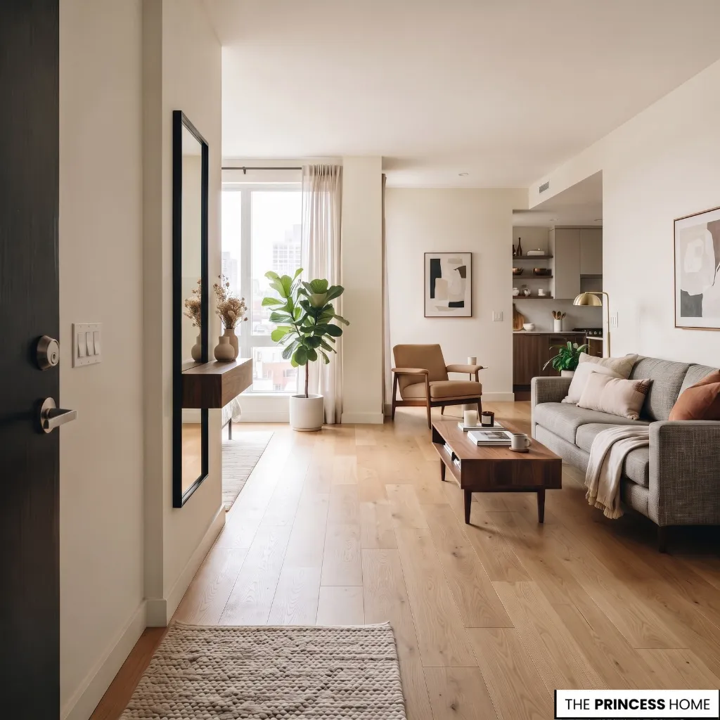 An apartment entrance opening directly into a living area with a small rug and a defined entry zone.