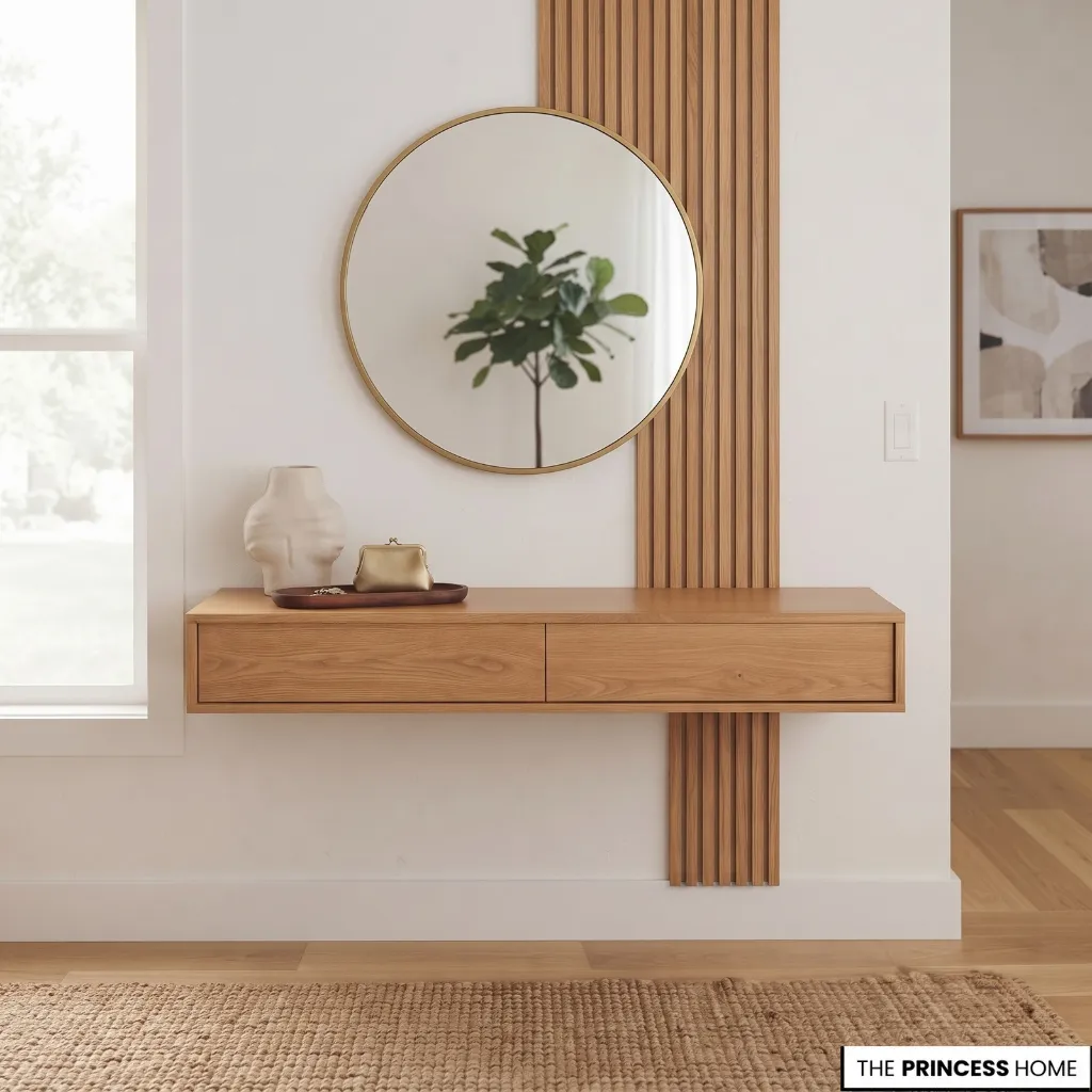 A compact entryway surface styled with a ceramic vase and a small tray, leaving most of the surface clear.