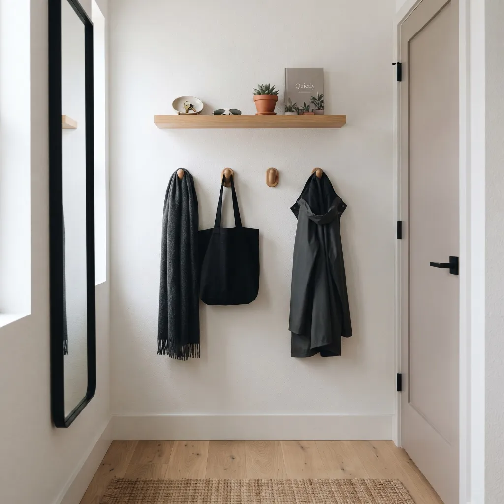 Wall-mounted hooks and a shallow floating shelf provide entryway storage while leaving the floor clear
