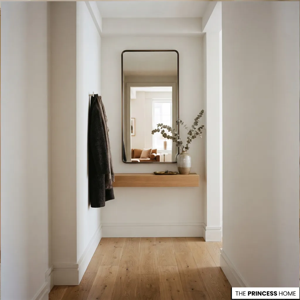A narrow entryway with one wall-mounted focal point, minimal furnishings, and visible floor space.