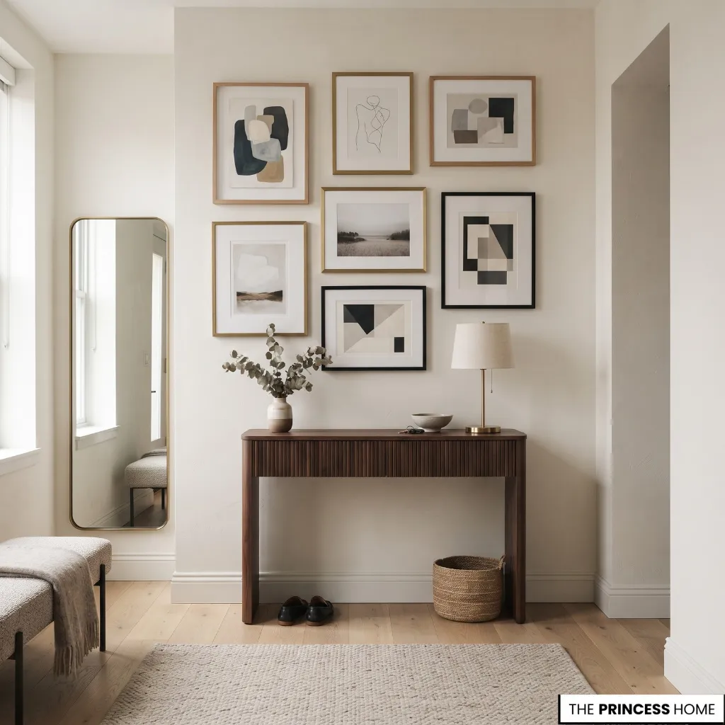 A small entryway with a thoughtfully arranged gallery wall above a clear, uncluttered floor.