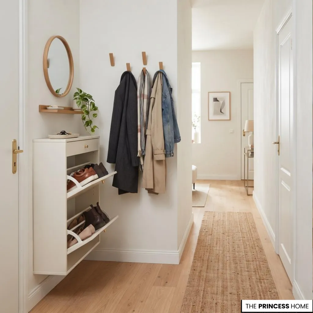 A compact entryway with a shallow shoe cabinet and wall-mounted hooks that leave most of the floor clear