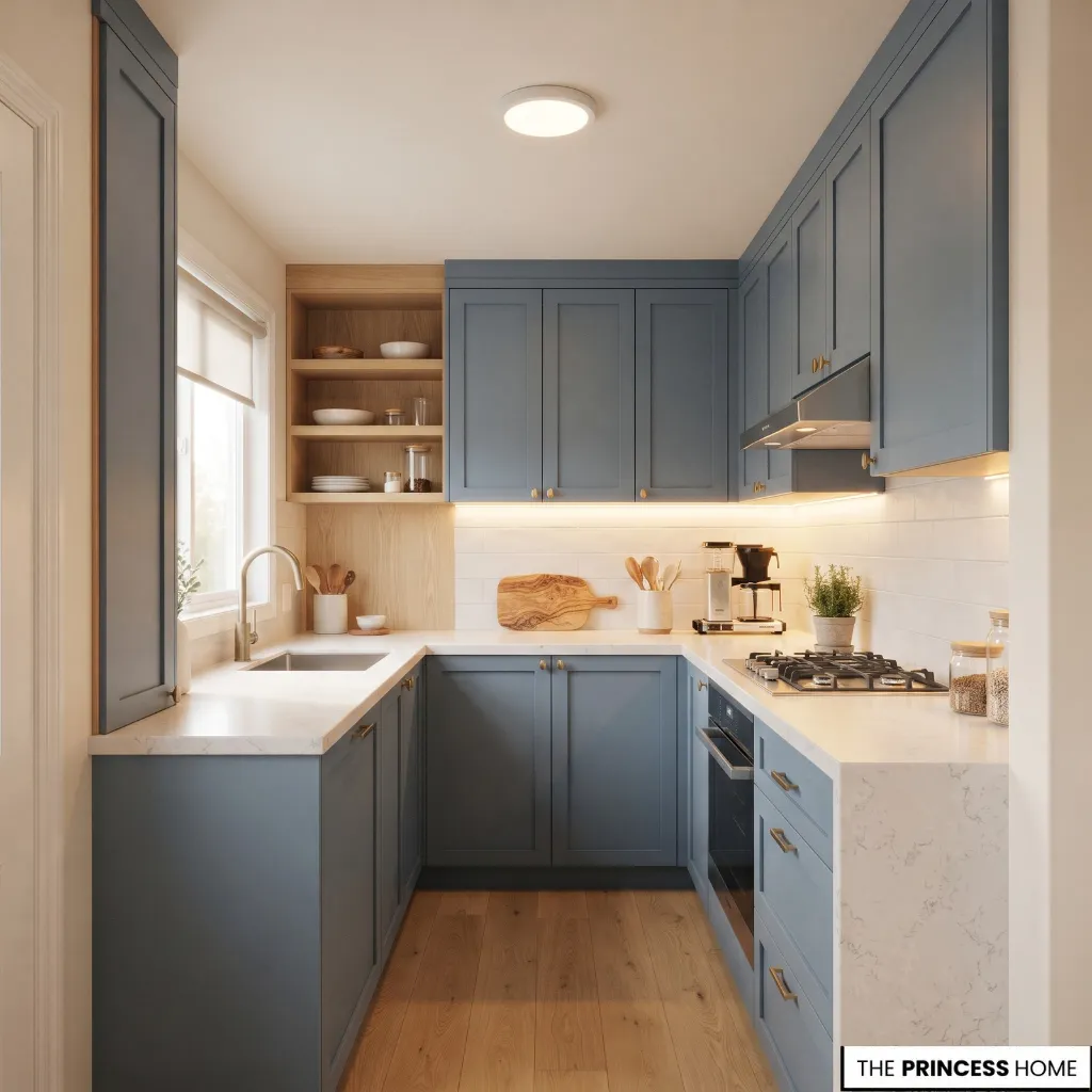 Compact U-shaped kitchen with a low-profile ceiling fixture and illuminated countertops.