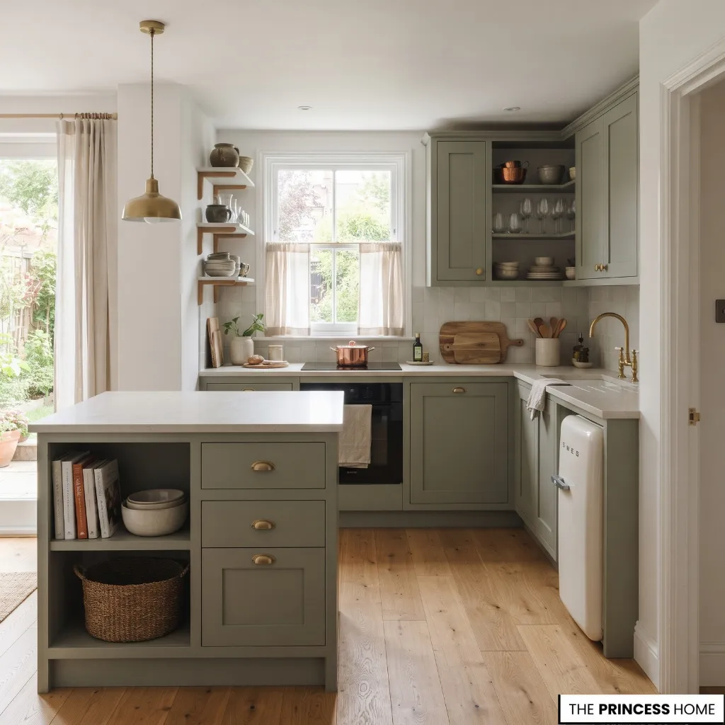 A compact kitchen with a peninsula that adds countertop space while preserving the main passage.