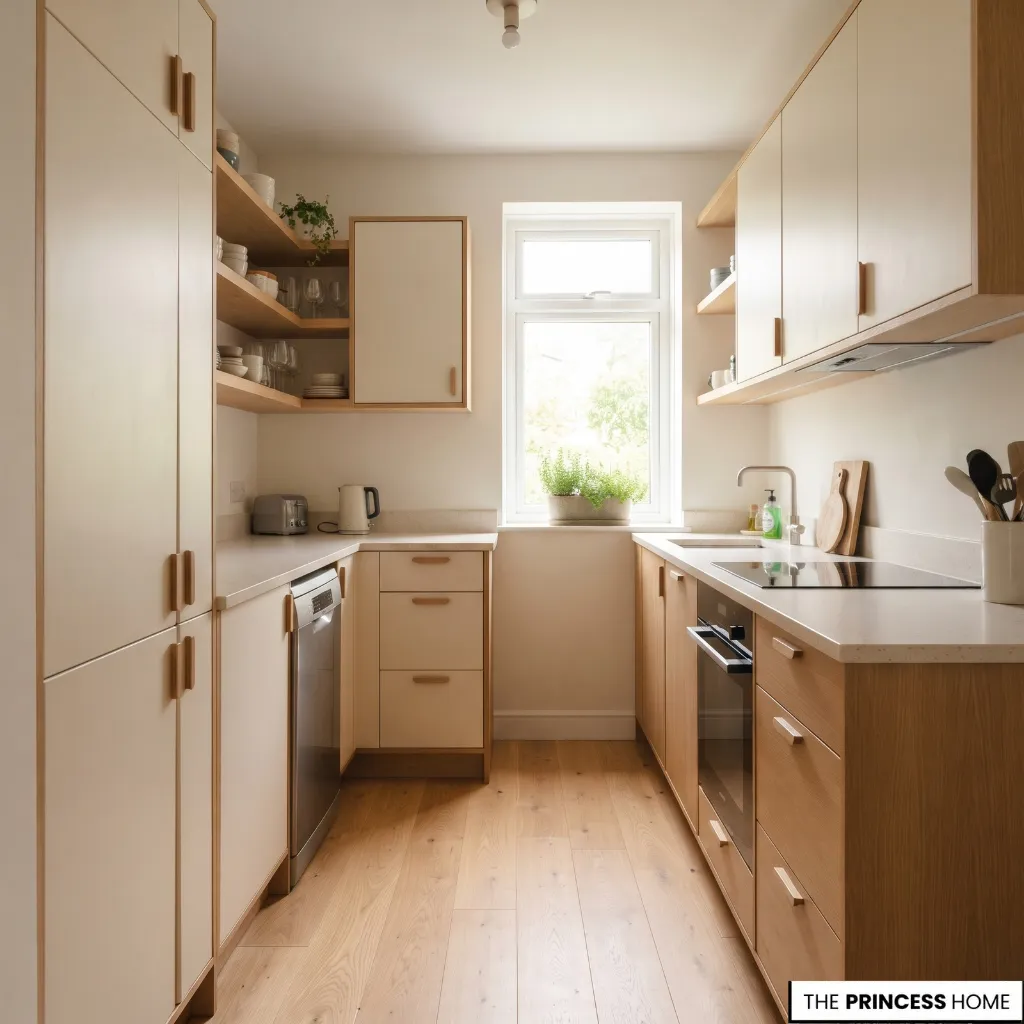 A compact galley kitchen with floor-to-ceiling cabinetry and integrated appliance storage.