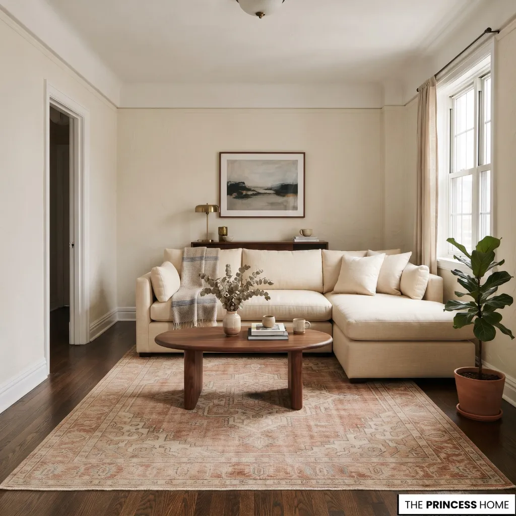 A compact living room with a sectional sofa and rug fitted to the available seating area.