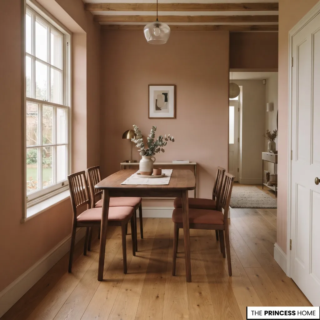 A cozy dining area featuring warm terracotta walls, a wooden rectangular table with four matching chairs, wooden ceiling beams, and a tall window letting in natural light.