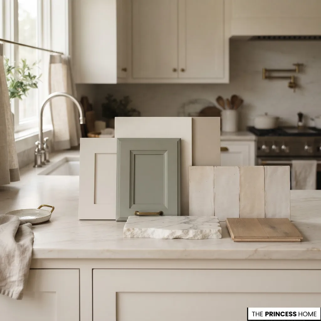 Kitchen finish samples including cabinet doors, countertop stone, backsplash tile, and flooring arranged for comparison.