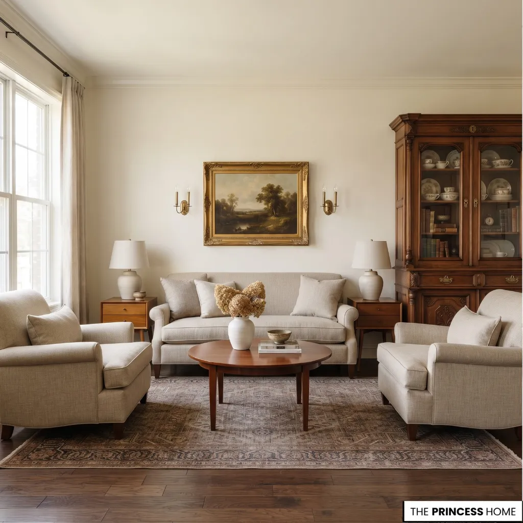 Traditional wooden furniture and a contemporary sofa arranged together in a neutral living room.