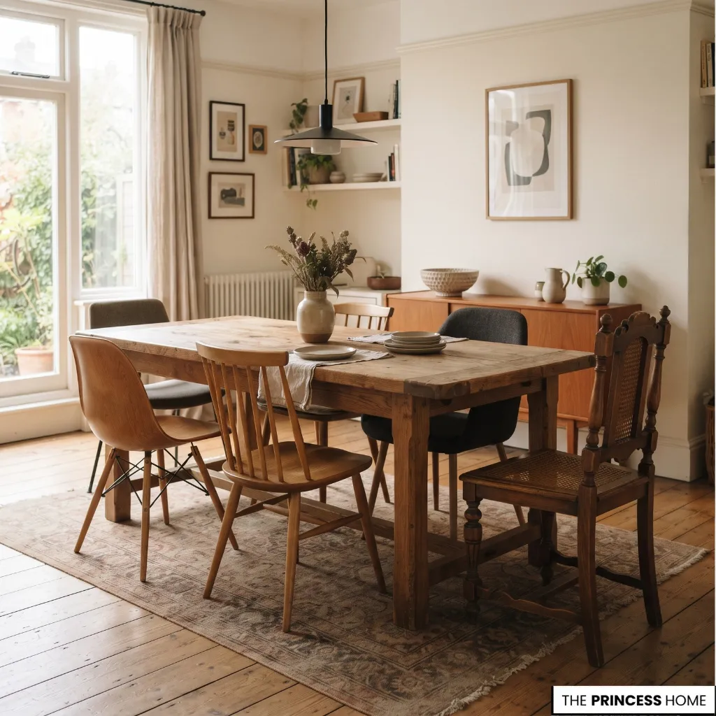 Vintage wooden dining table paired with chairs of different designs in a bright interior.