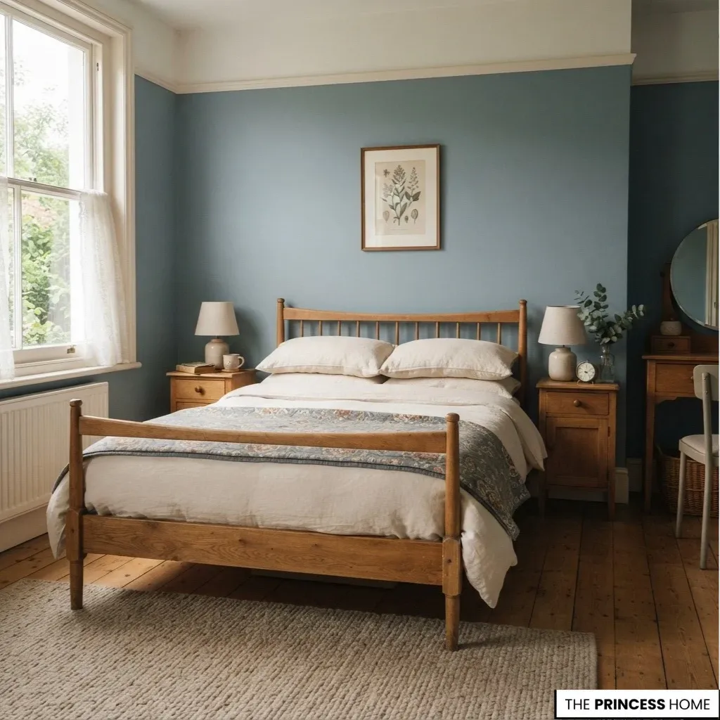Vintage wooden bed with coordinated bedside furniture, soft textiles, and practical table lighting.