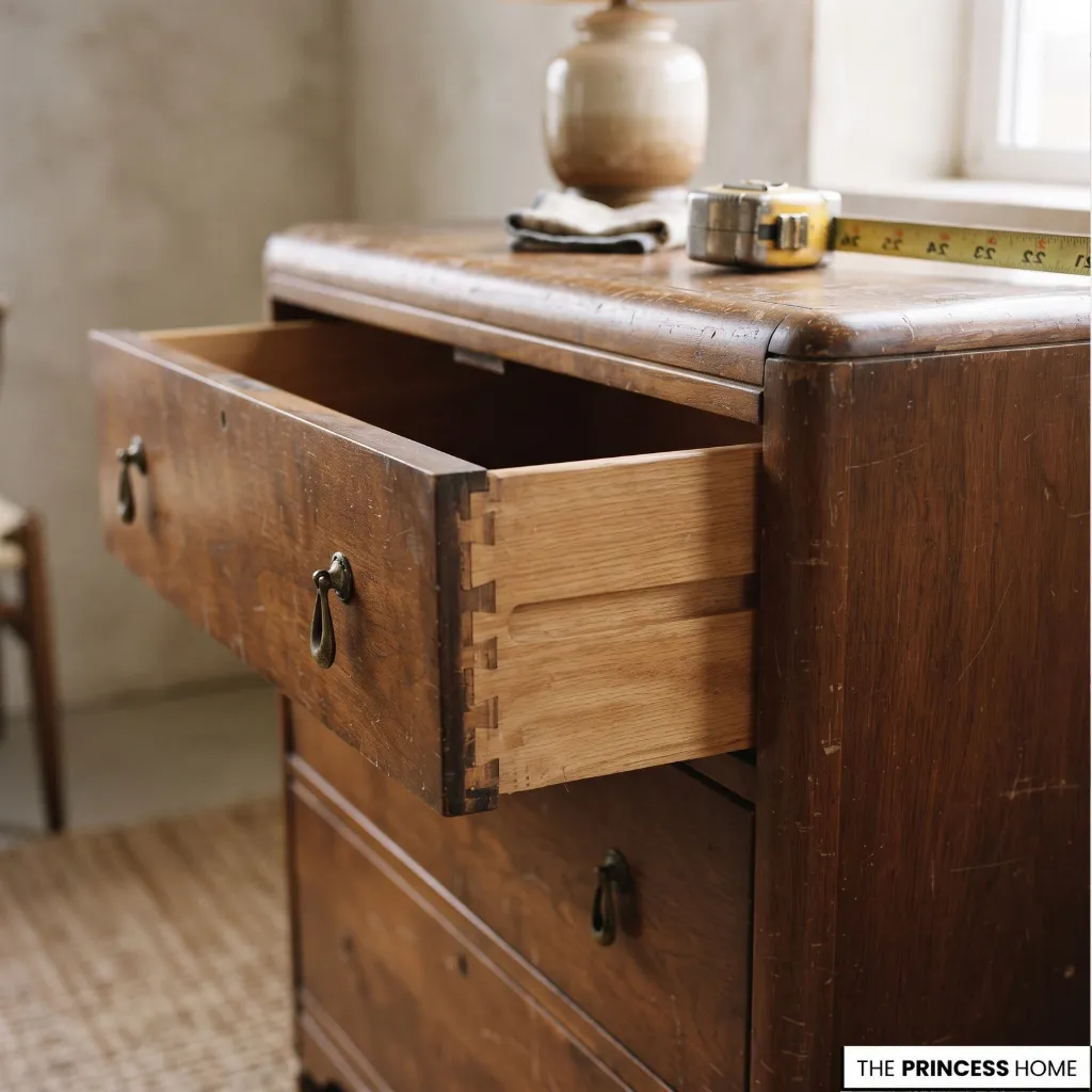 Wooden vintage dresser drawer inspected for joinery, condition, and fit.