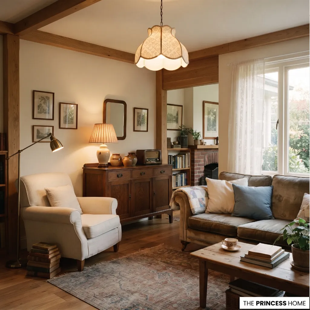 Vintage pendant, wall light, floor lamp, and table lamp illuminating a warm residential interior.