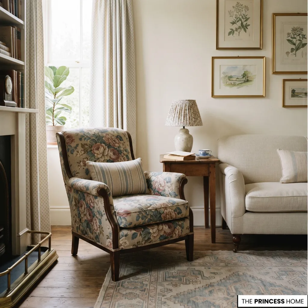 Floral upholstery, striped textiles, and a patterned rug coordinated through related colors.