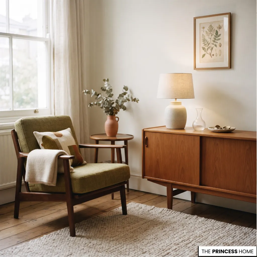 Vintage wooden sideboard, ceramic lamp, glass accessories, and soft upholstered seating.