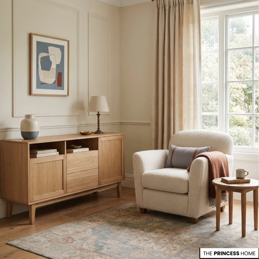 Vintage-inspired living room with warm wood, cream upholstery, and muted earthy accents.