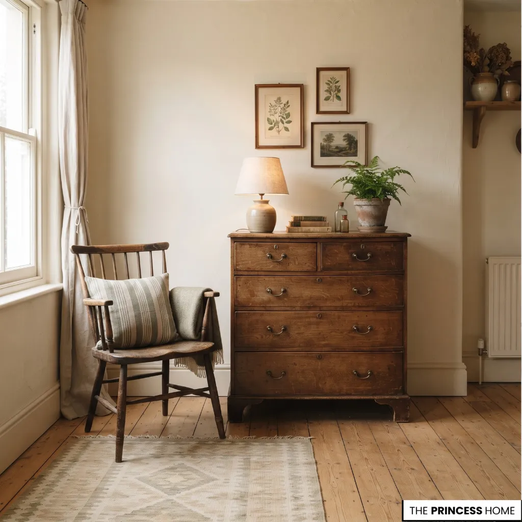 Wooden vintage furniture, ceramics, framed art, and a woven rug in a light-filled room.
