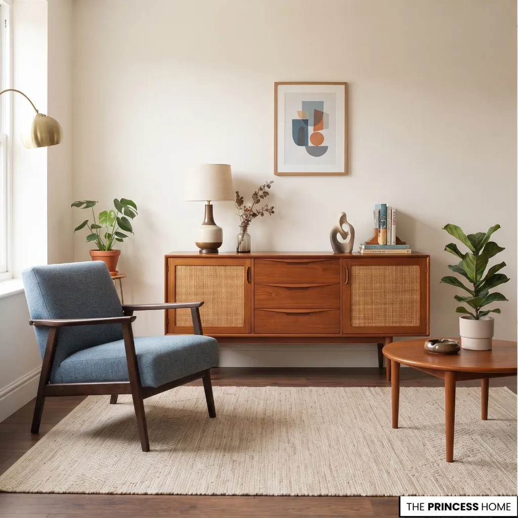 Mid-century wooden sideboard with tapered legs beside a simple upholstered armchair.